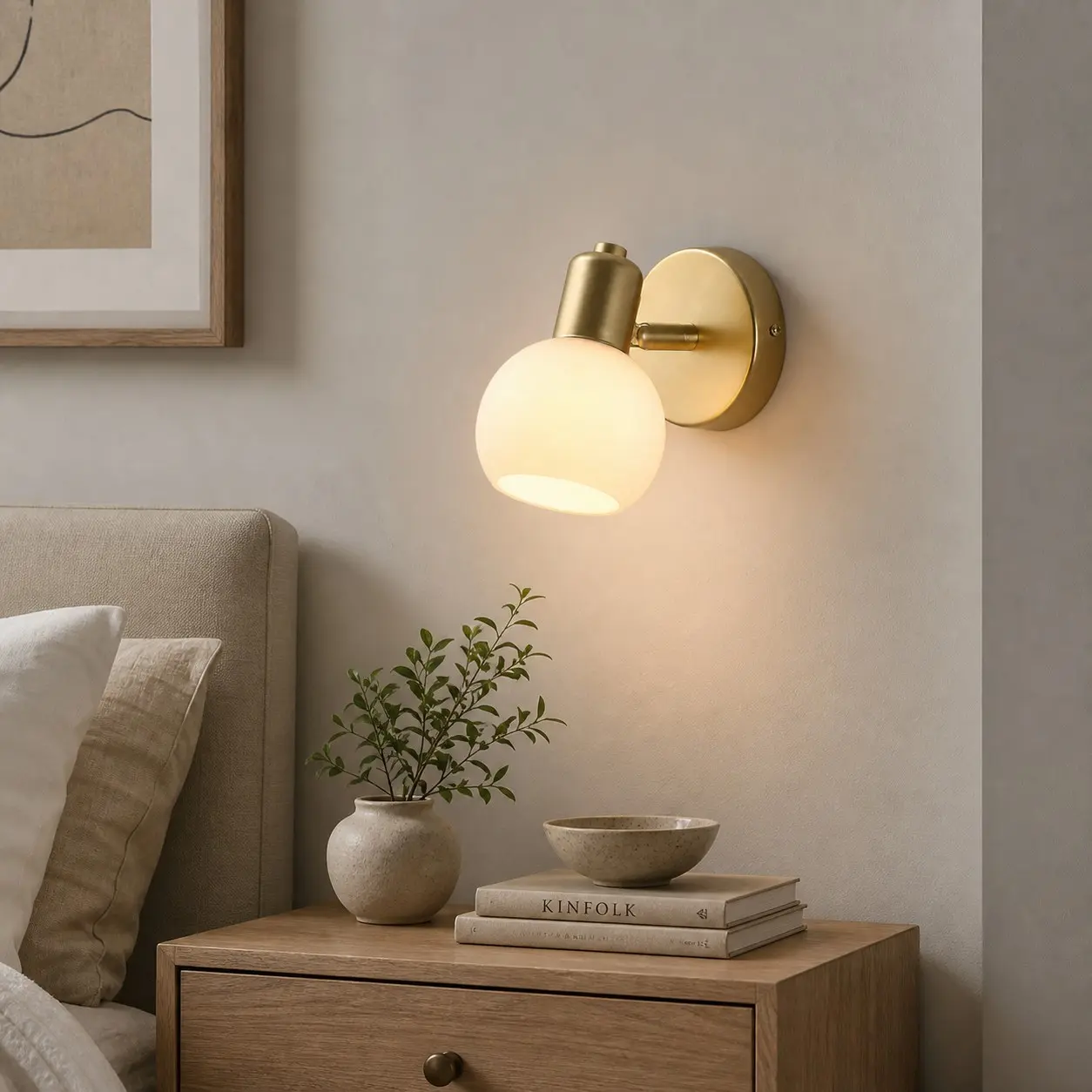 Single-light gold wall sconce in a warm interior