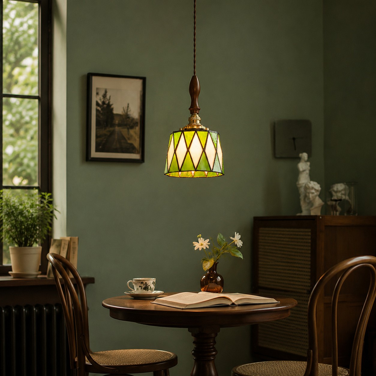 Vintage Green Stained Glass Pendant Light
