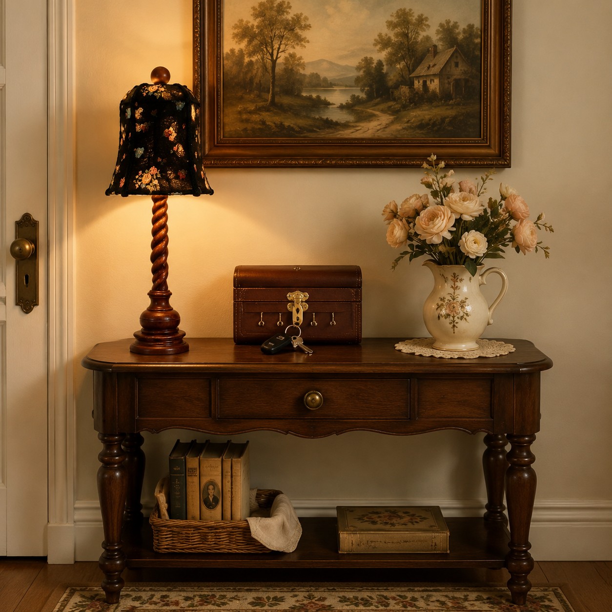 floral fabric and carved wood table lamp