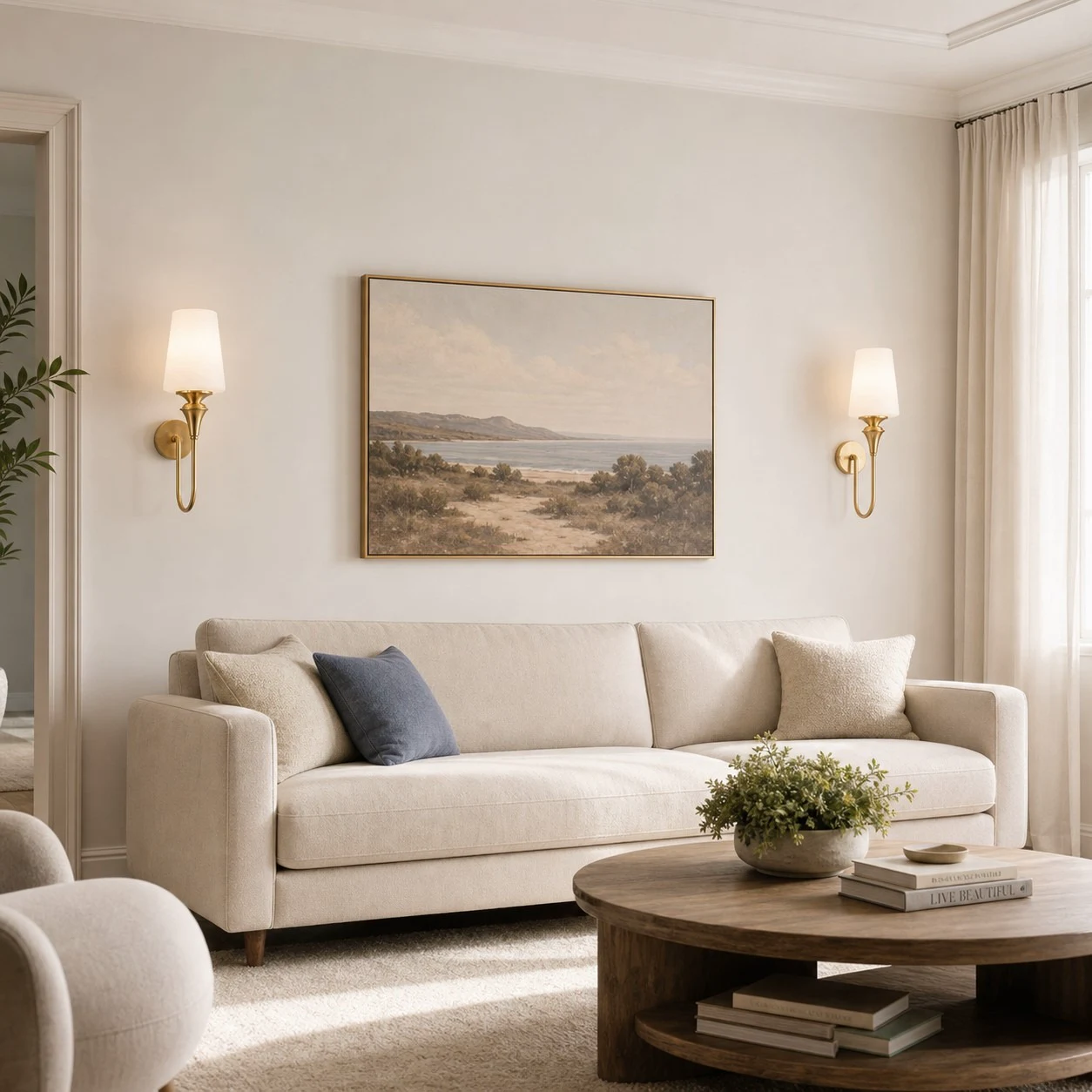 Opal glass wall sconce installed in a living room