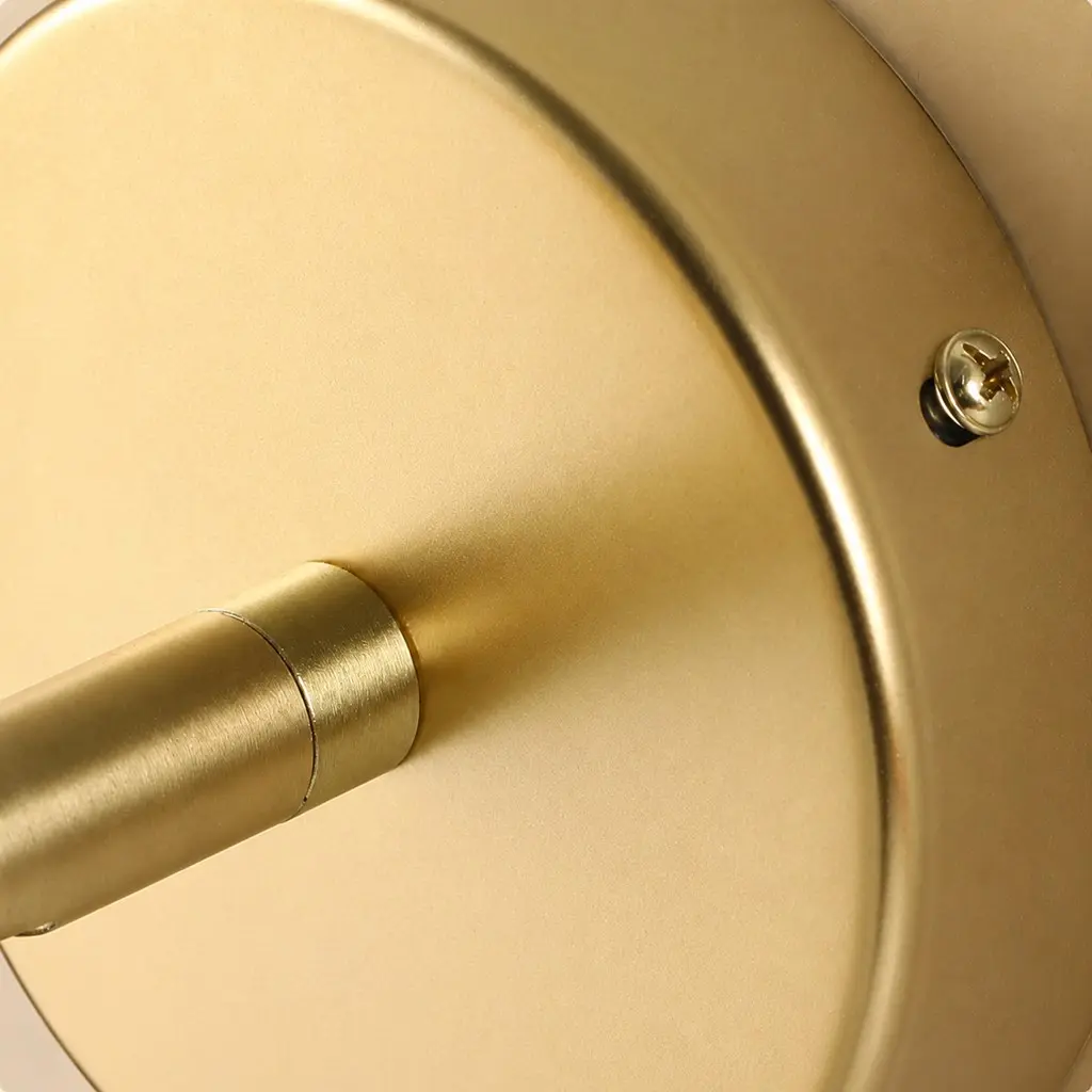 Close-up of the gold round wall plate and fixing screws