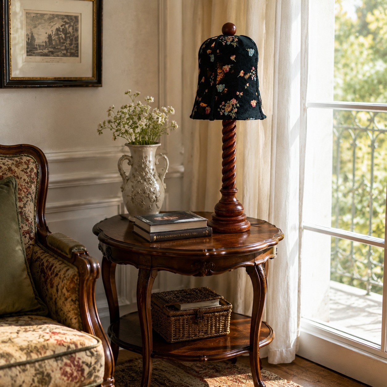 floral fabric and carved wood table lamp