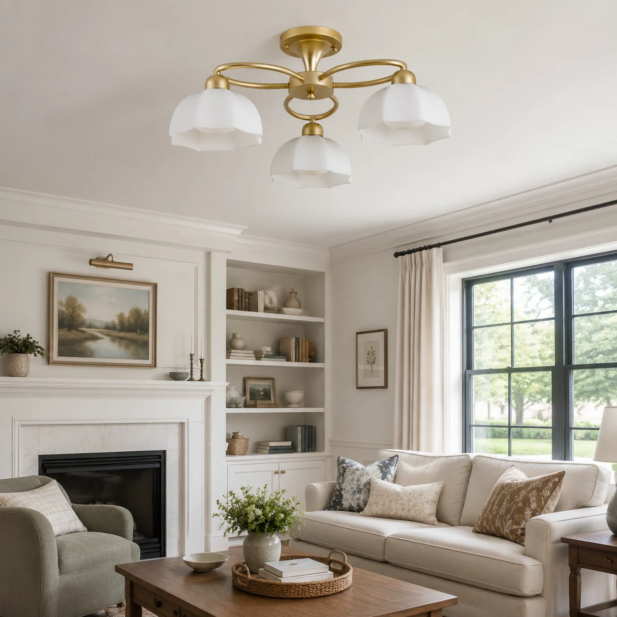 3-light ceiling fixture in a bright living room