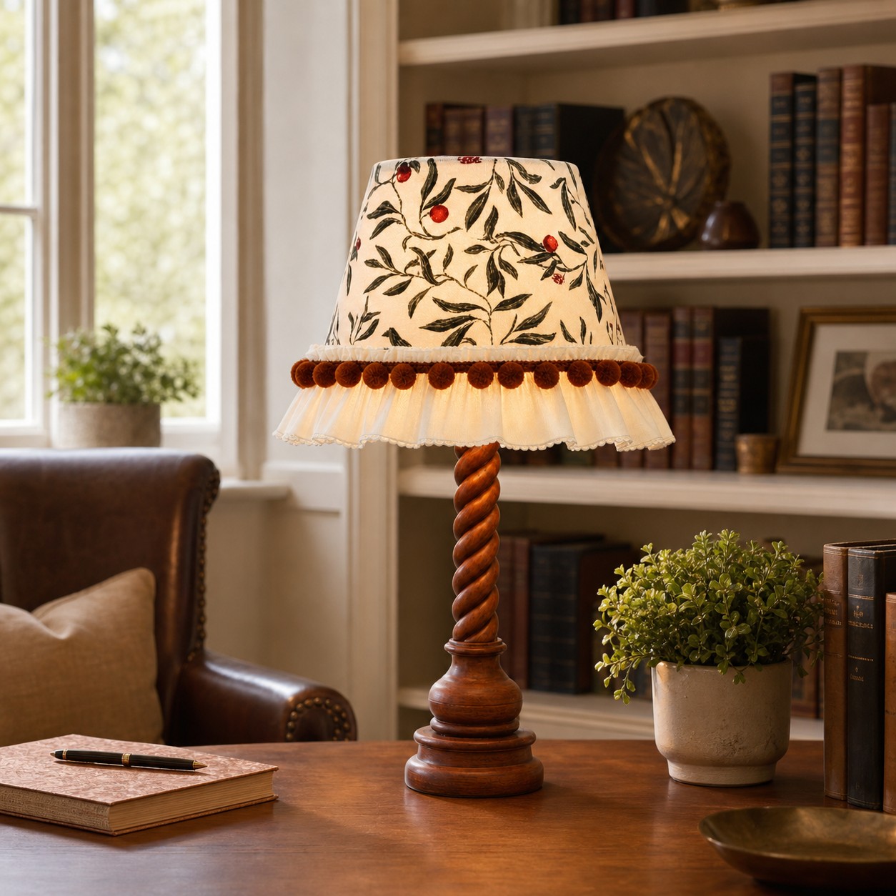 Twist wood table lamp styled on a study desk