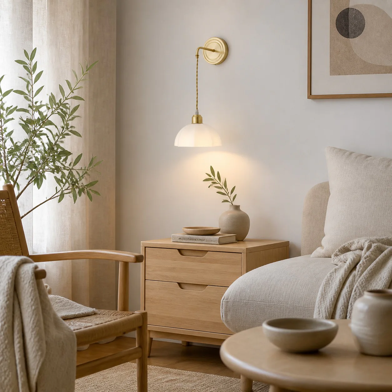 Dome shade wall sconce installed above a bedside table
