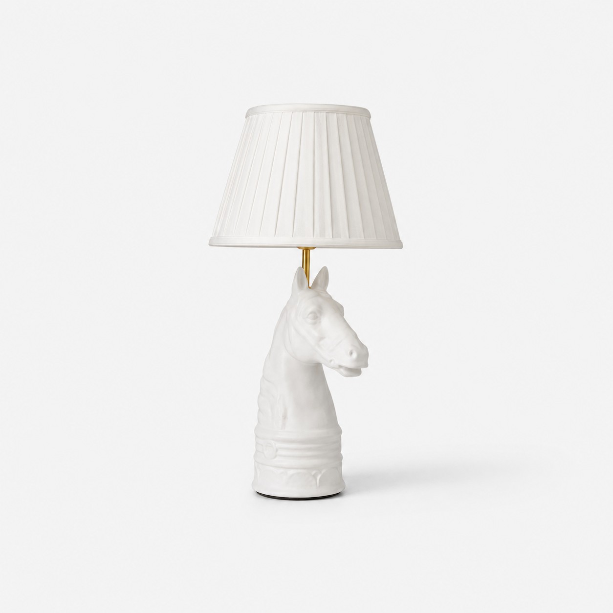 White pleated shade horse head table lamp