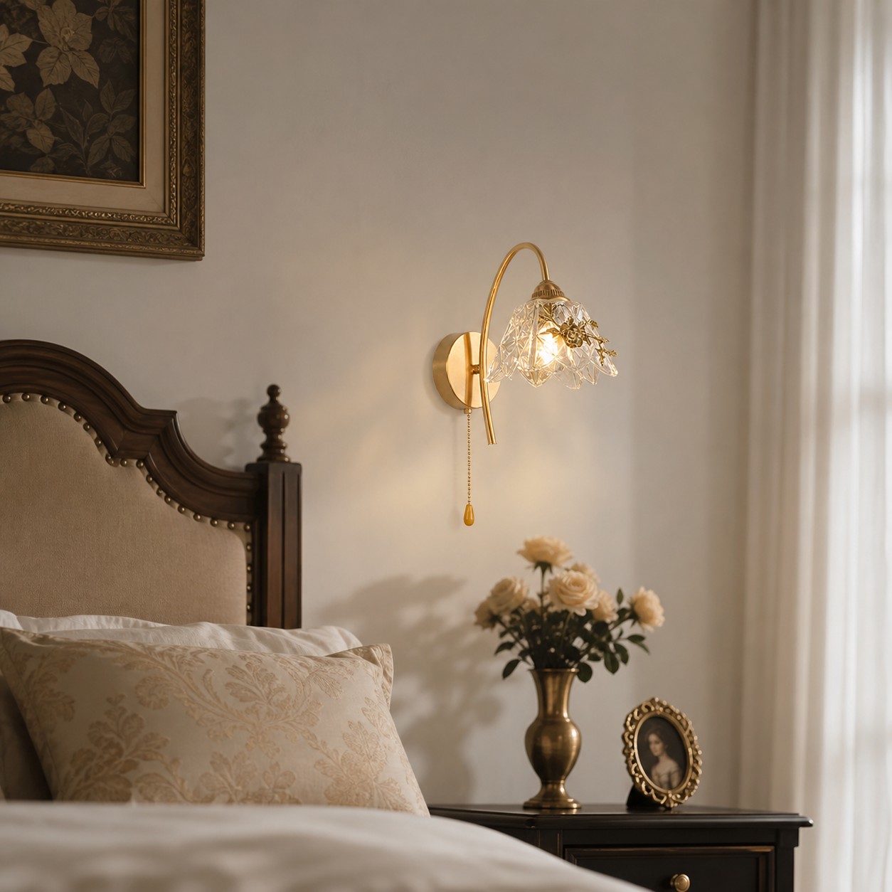 French floral wall sconce in a refined bedroom