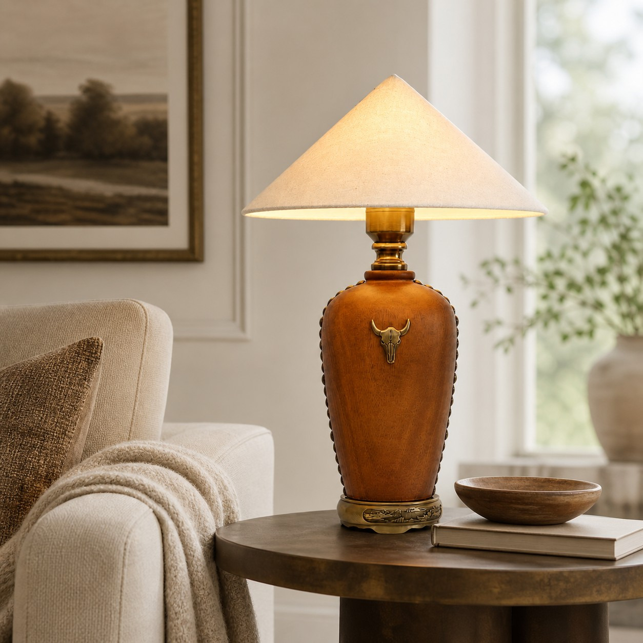 Off-white shade wood table lamp in a reading corner