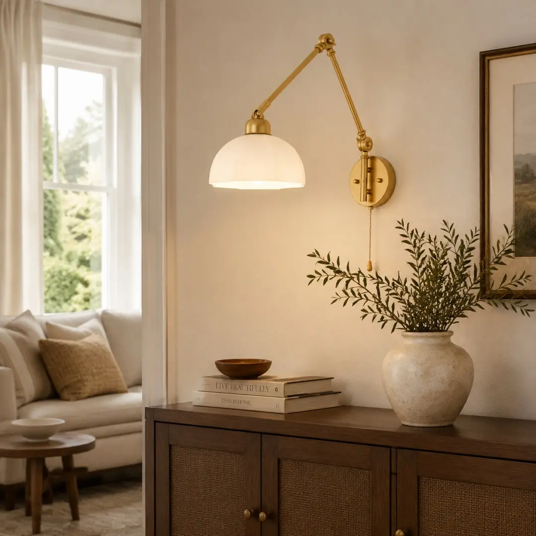 Milk glass swing arm wall lamp in a living room