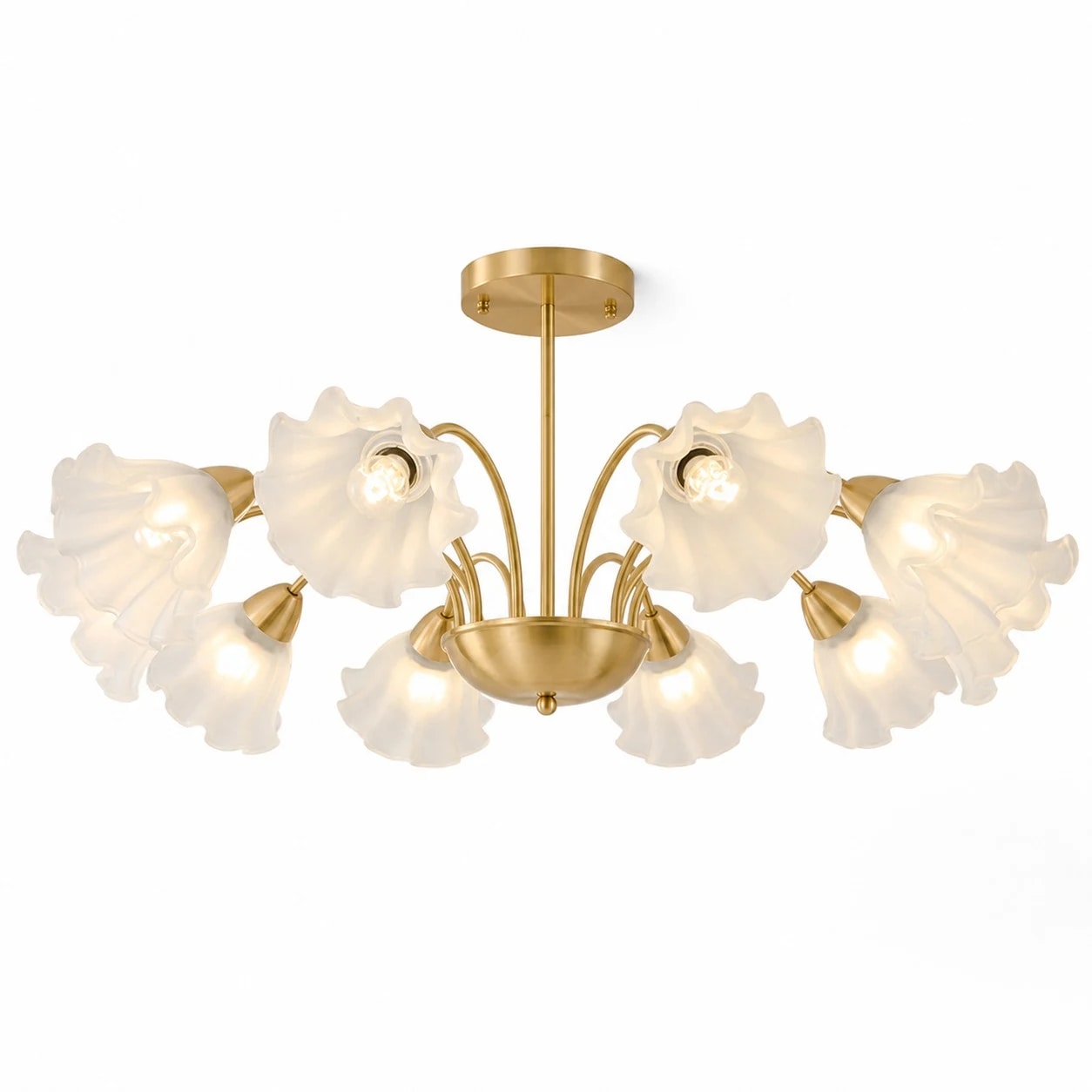 Solid brass ten-arm floral glass chandelier on a white background