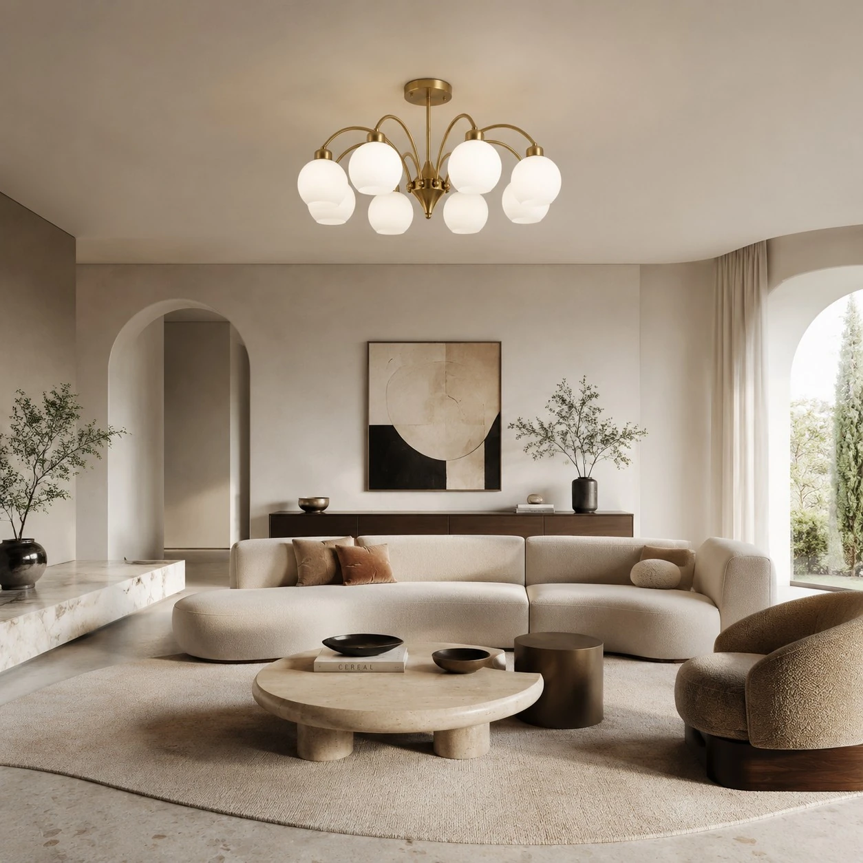 Glass globe chandelier in a warm living room