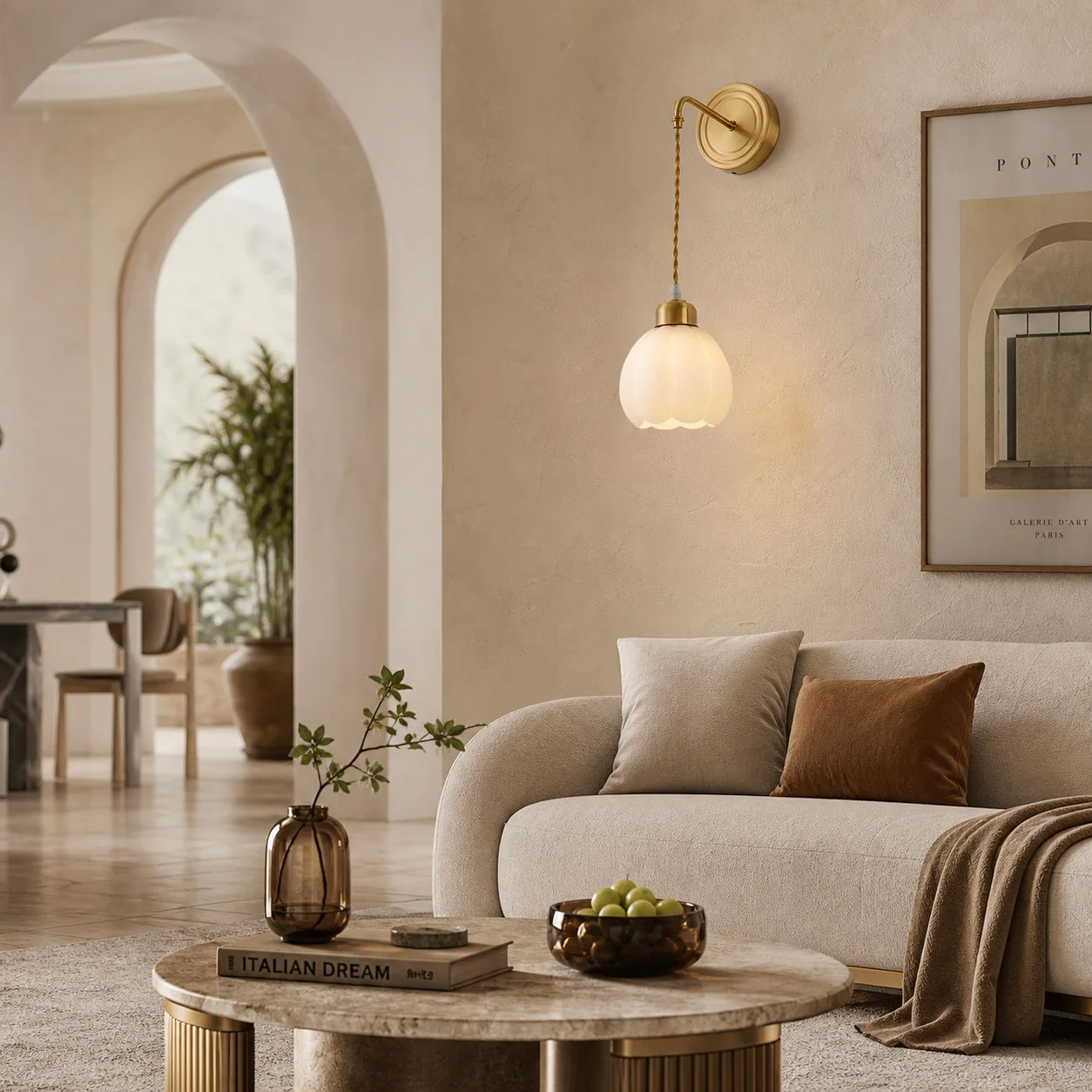 Petal shade wall sconce installed beside a living room sofa