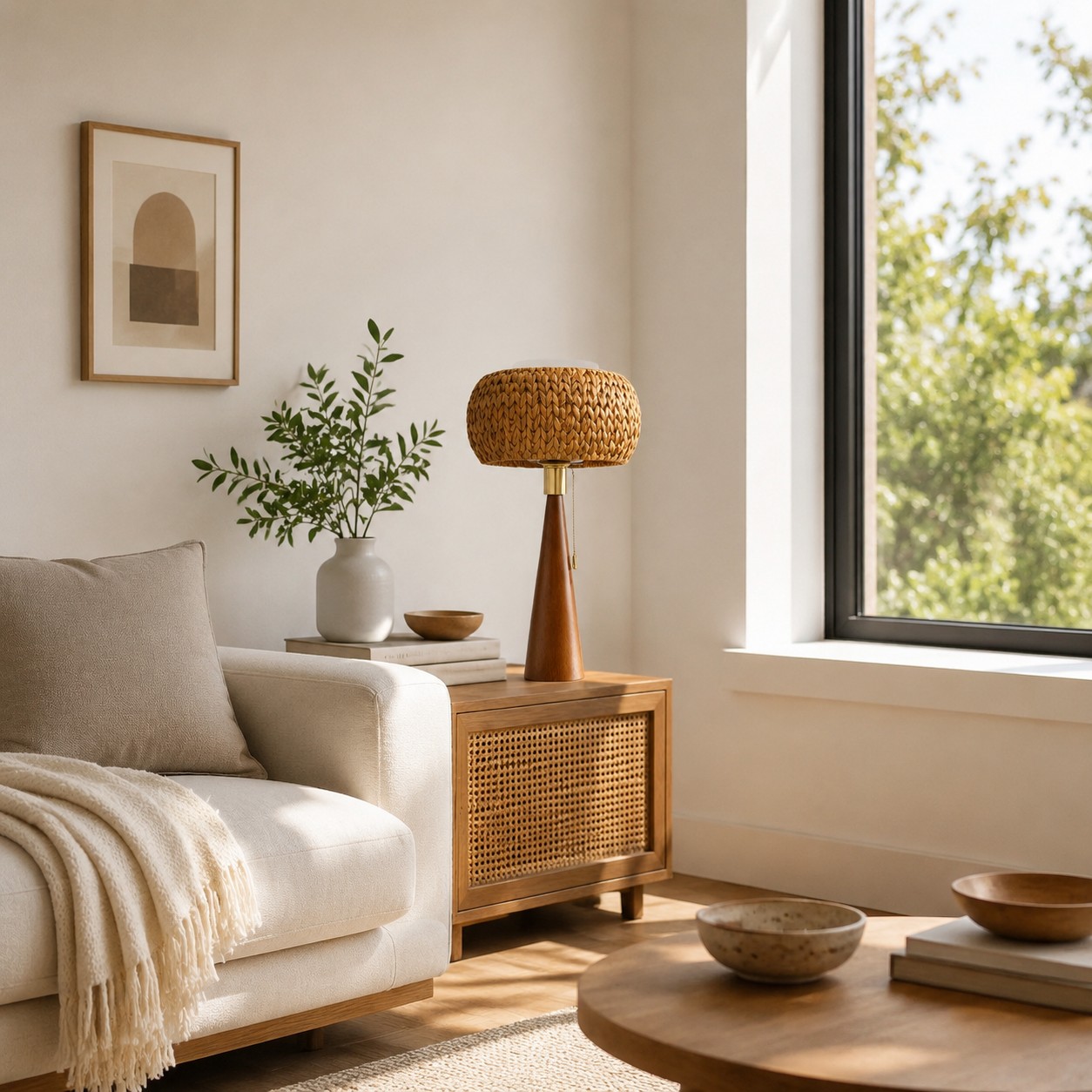 Woven table lamp styled beside a bed in a natural room