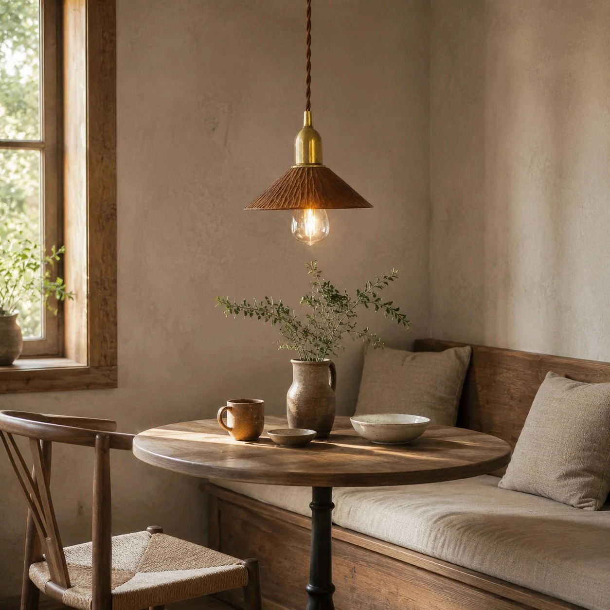 Cherry wood pendant light above a compact dining nook