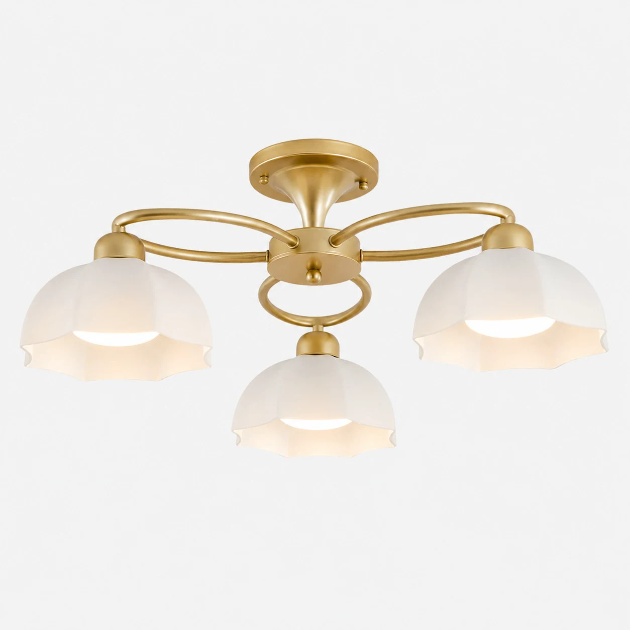 3-light brass ceiling fixture with white glass shades