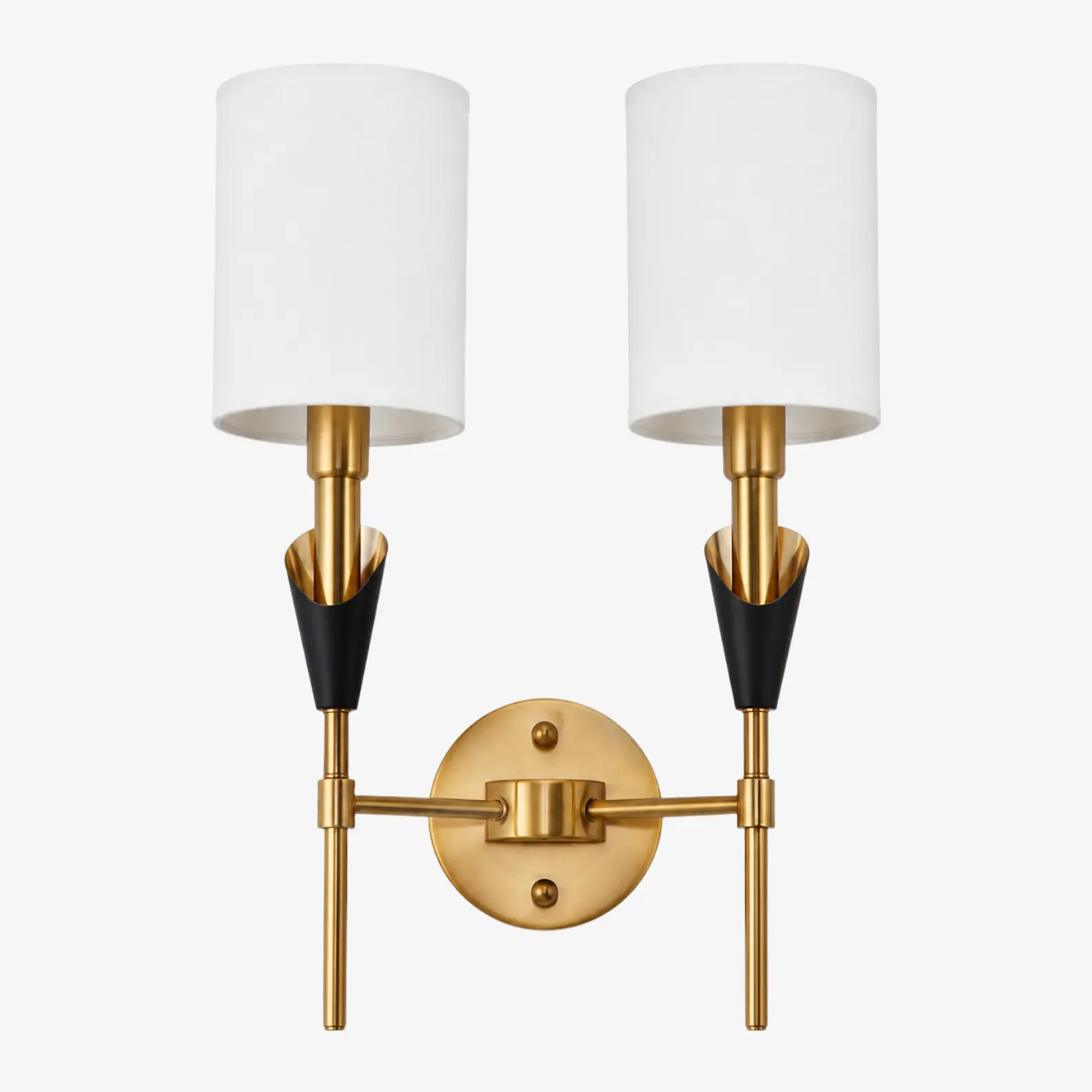 Antique brass angled double-head wall lamp with fabric shades