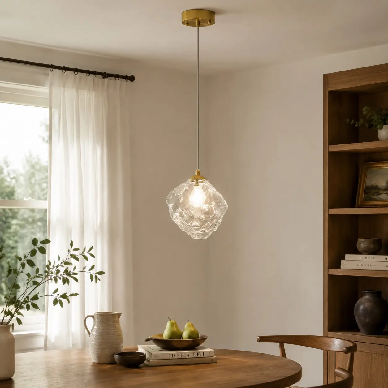 Glass pendant lamp in a bright kitchen