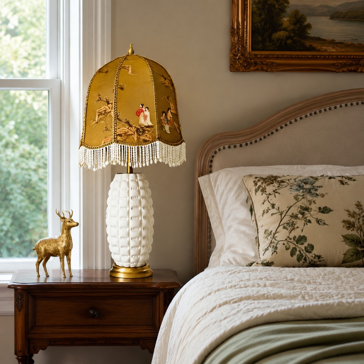 Vintage ceramic table lamp on a bedside table in a traditional bedroom