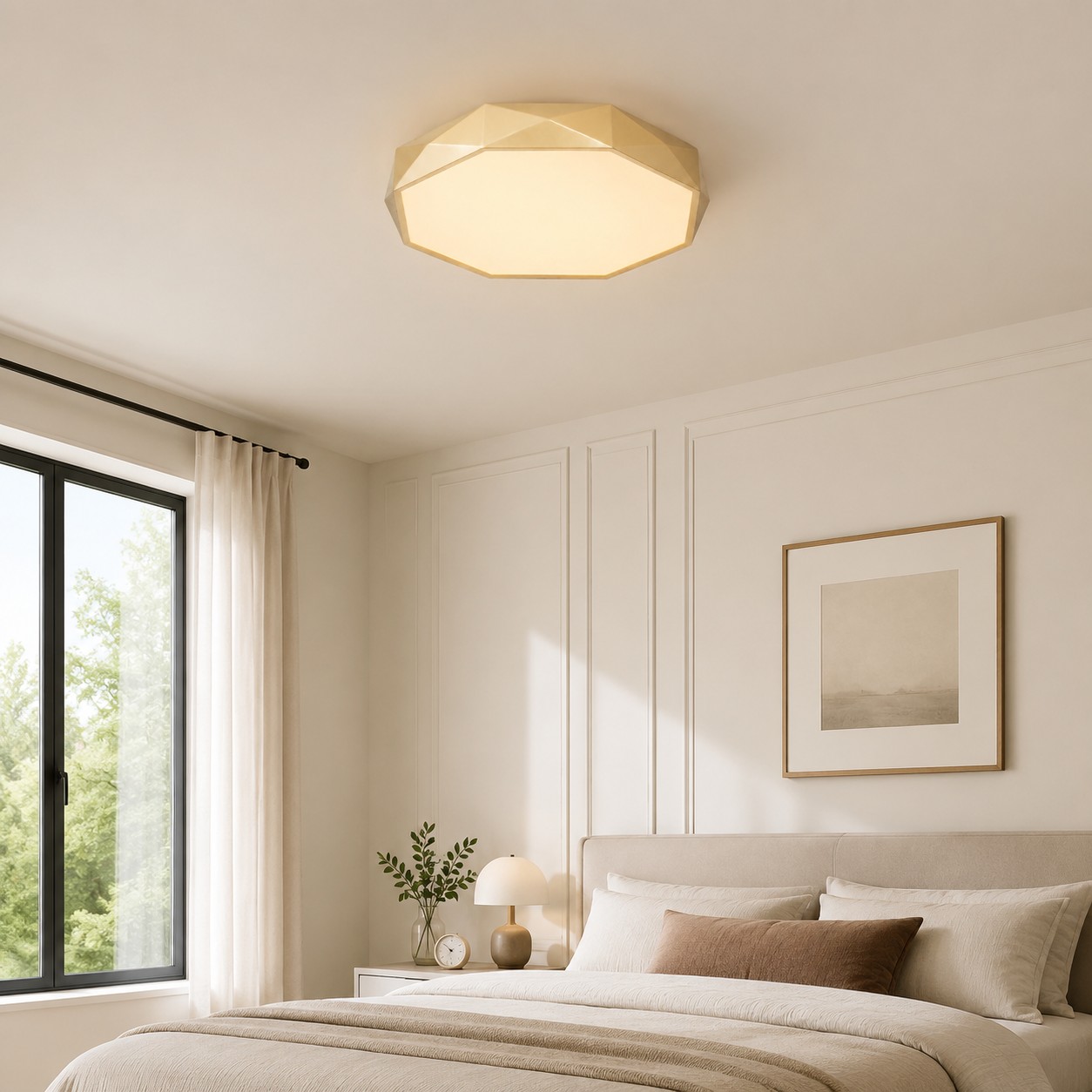 Gold faceted ceiling light installed in a warm bedroom