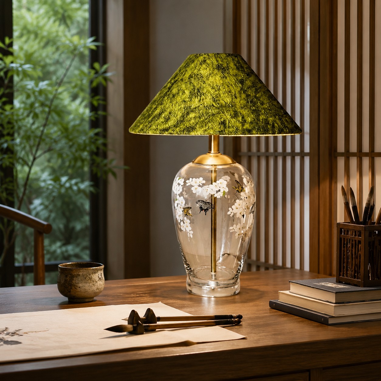 Floral glass table lamp on a warm wooden writing desk
