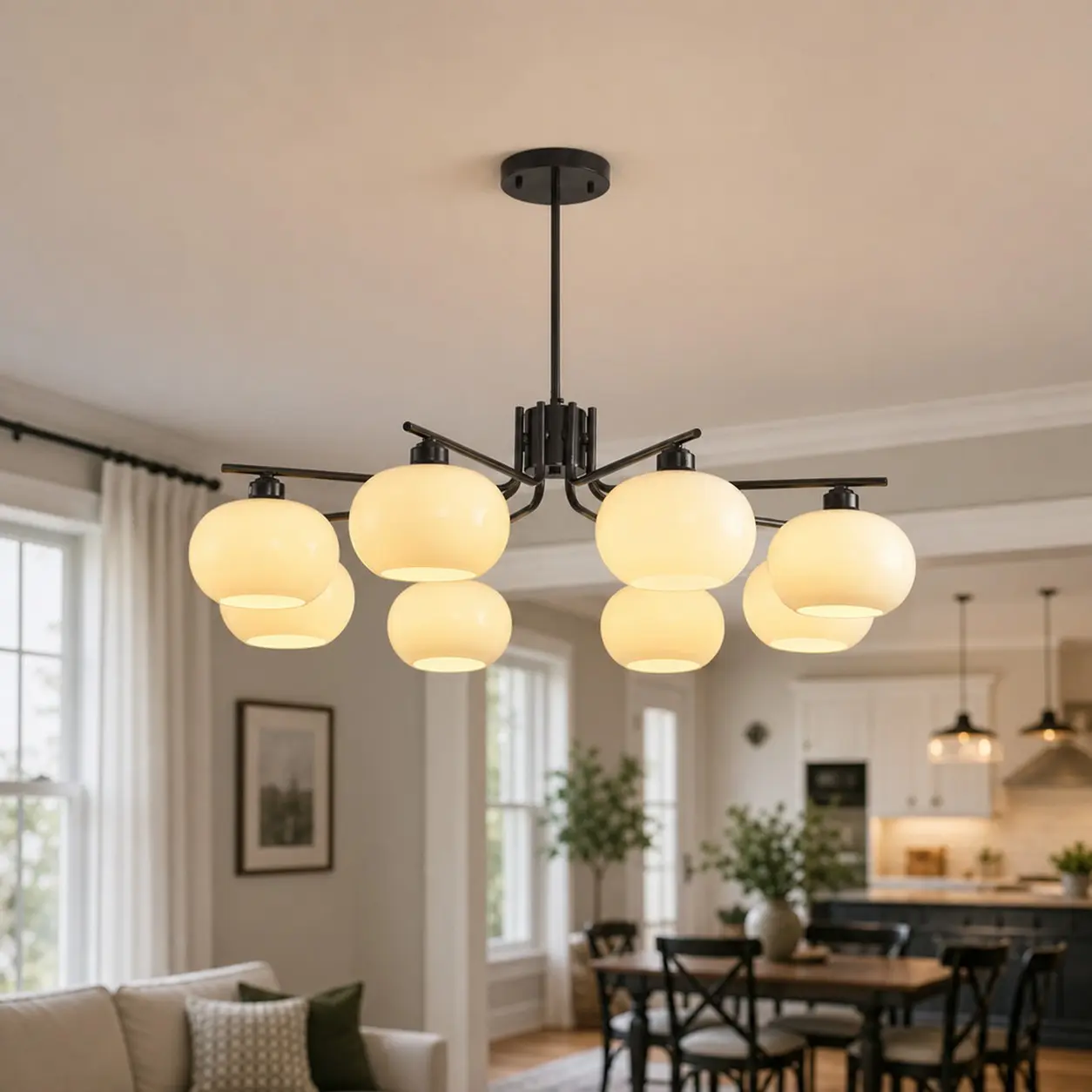 Black milk glass chandelier in a contemporary living space