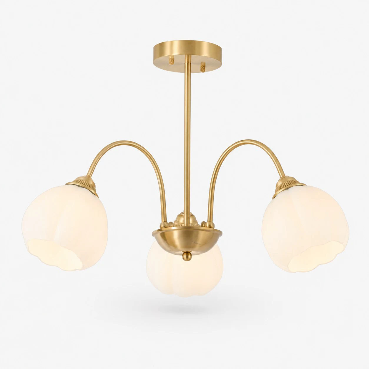Three-arm antique brass chandelier with glass shades