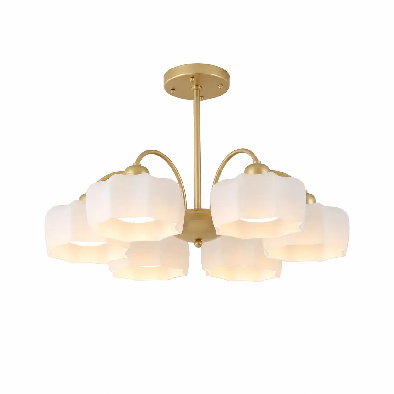 Illuminated 6-light chandelier on a white background; bulbs not included
