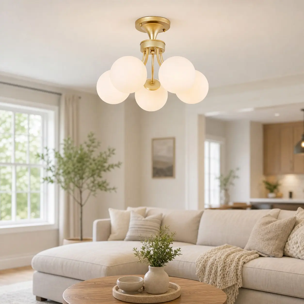 Gold globe ceiling light in a bright living room