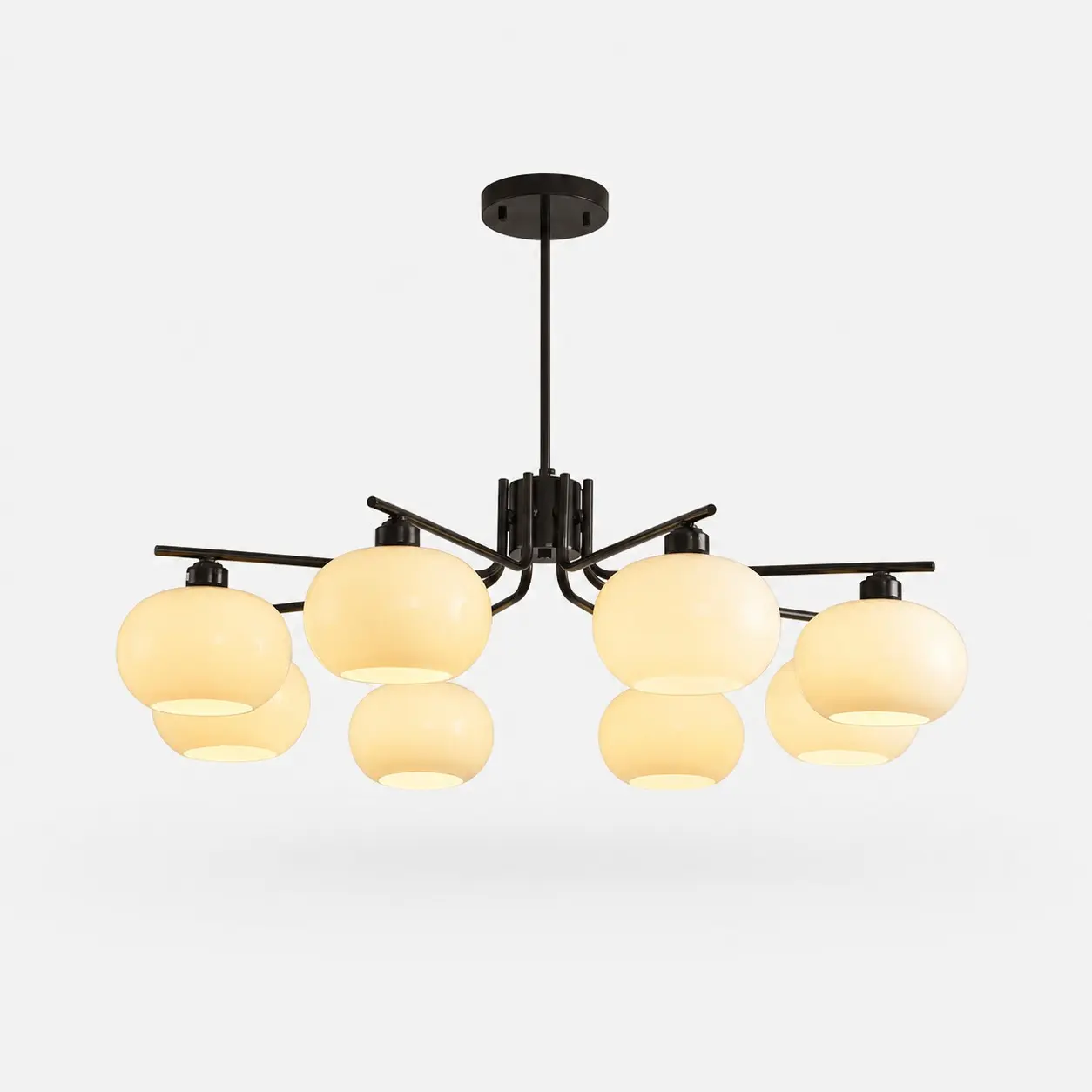 Solid brass black eight-light milk glass chandelier