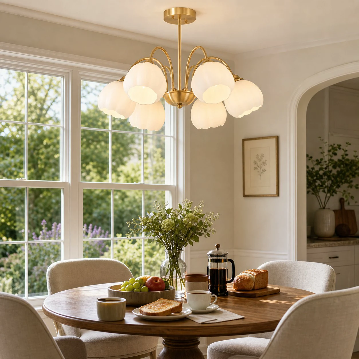 Six-arm chandelier above a breakfast table