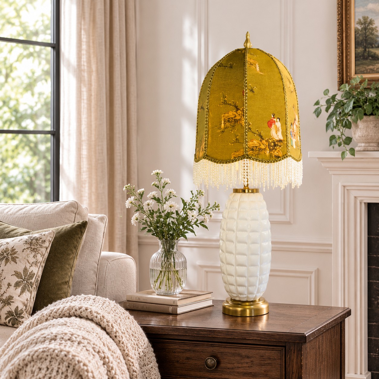 Vintage ceramic table lamp beside a sofa in a bright living room