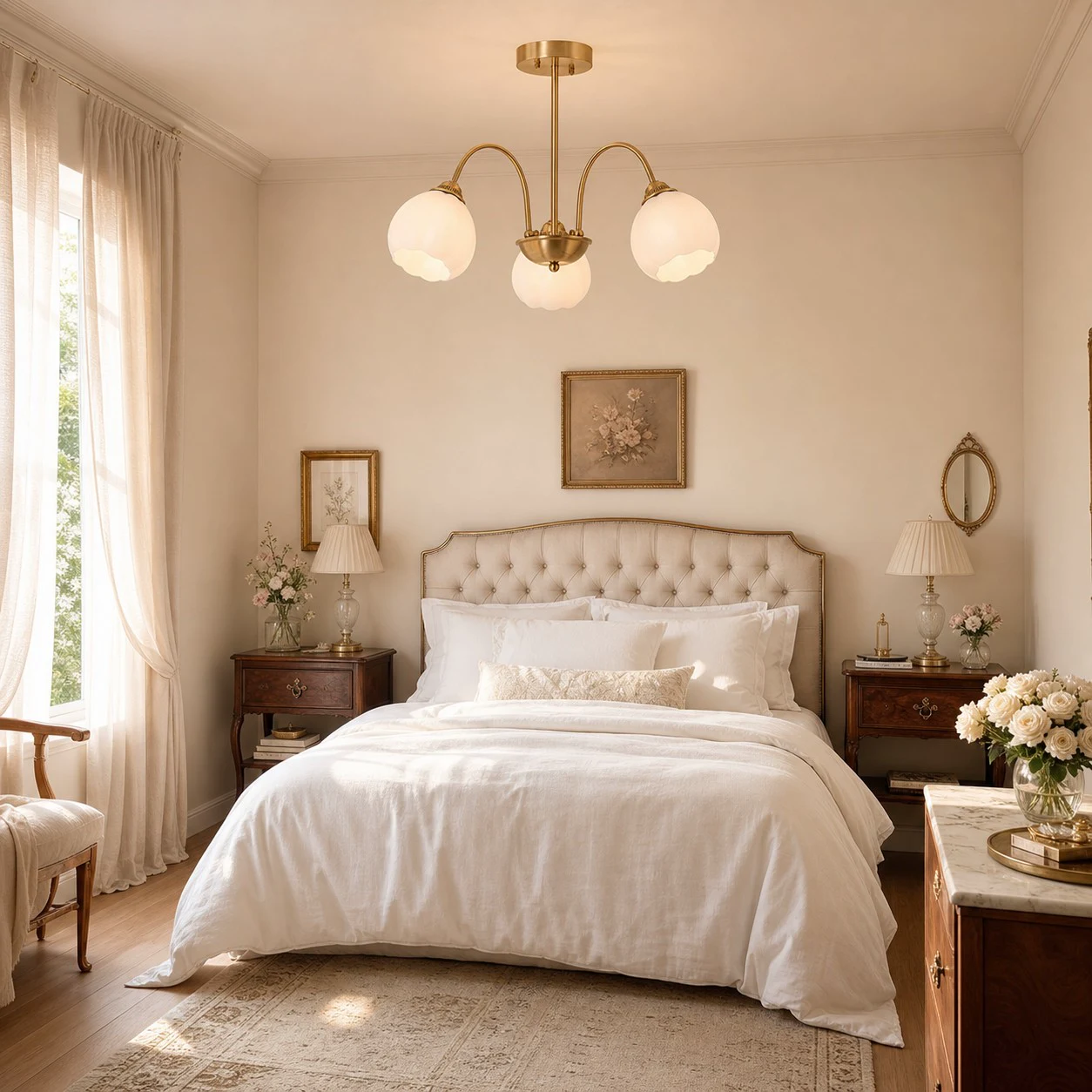Three-arm chandelier in a bedroom