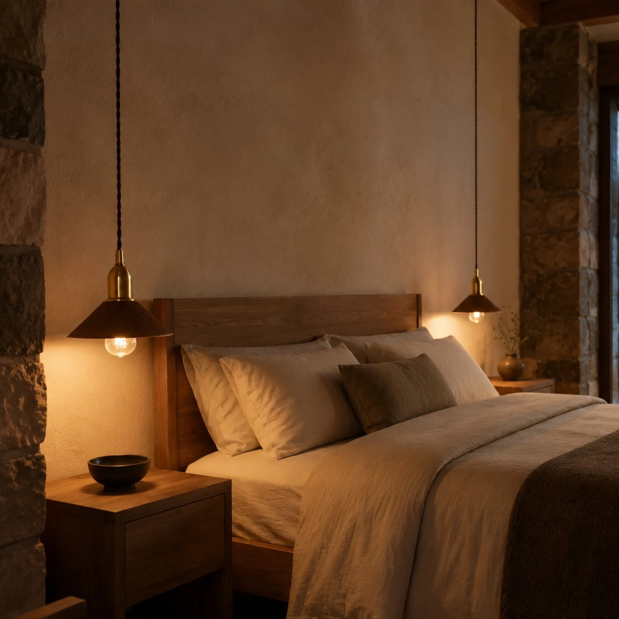 Pair of cherry wood pendant lights installed beside a bed