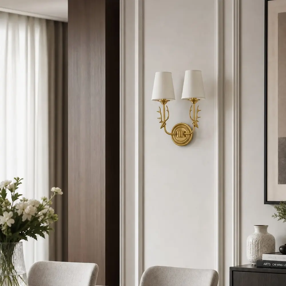 Wall-mounted antler light in a refined living space