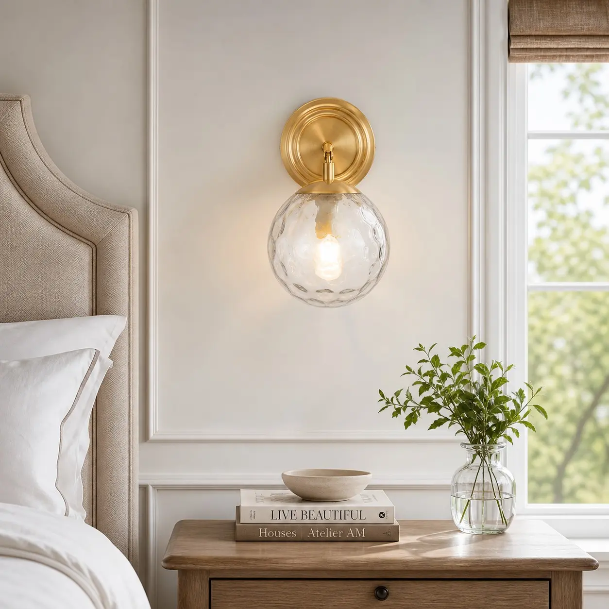 Pair of gold and rippled glass wall lamps in a bedroom