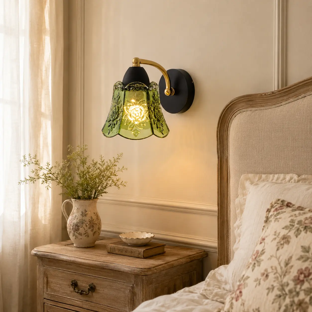 Green glass wall lamp in a French country bedroom