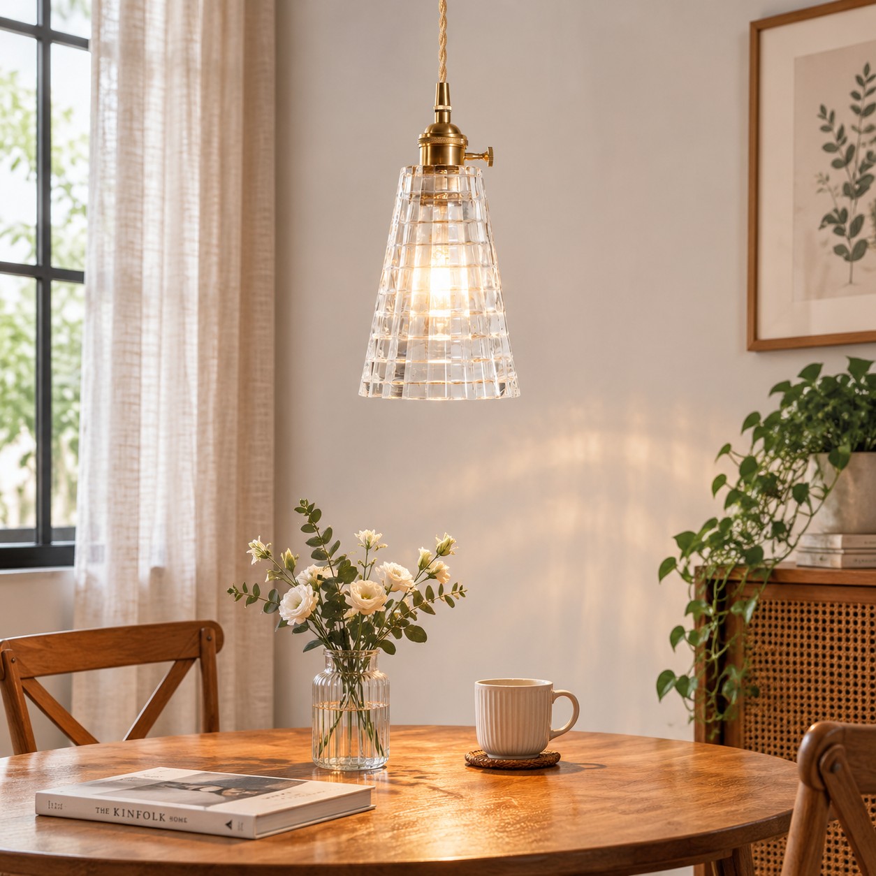 Style F narrow grid-textured glass pendant in a bright dining room