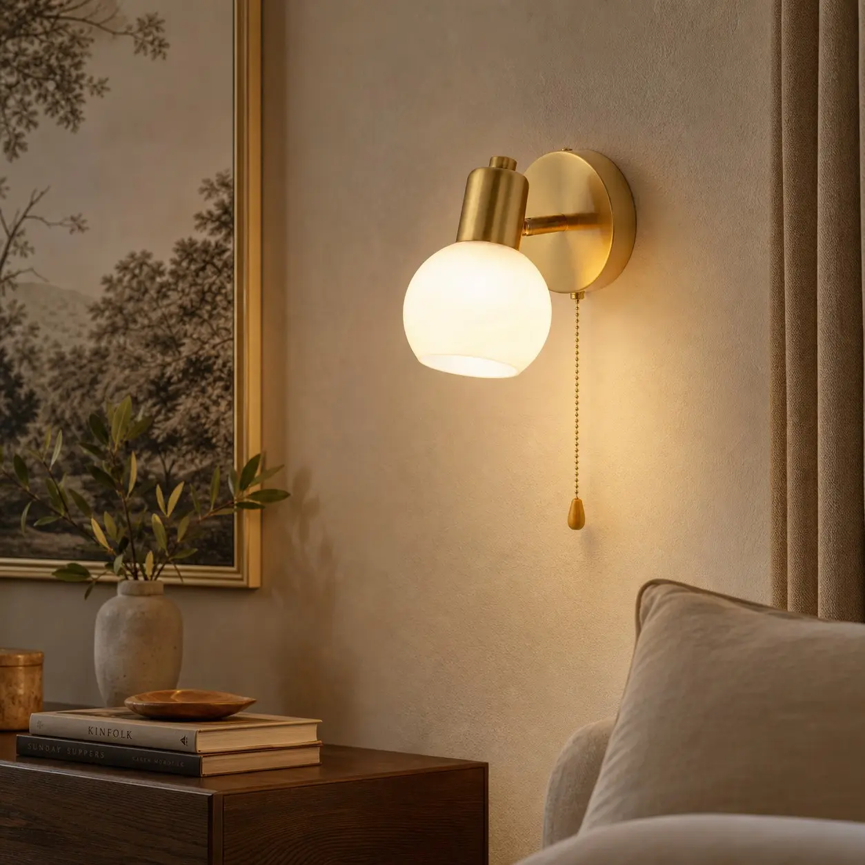 Pull-chain wall sconce styled in a bedroom
