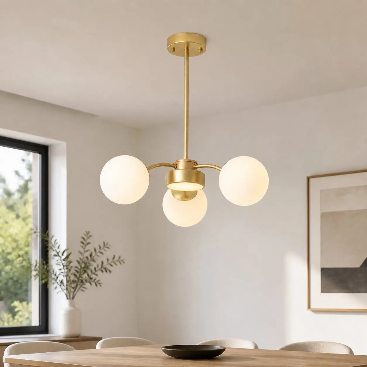 Milk glass chandelier in a modern dining room