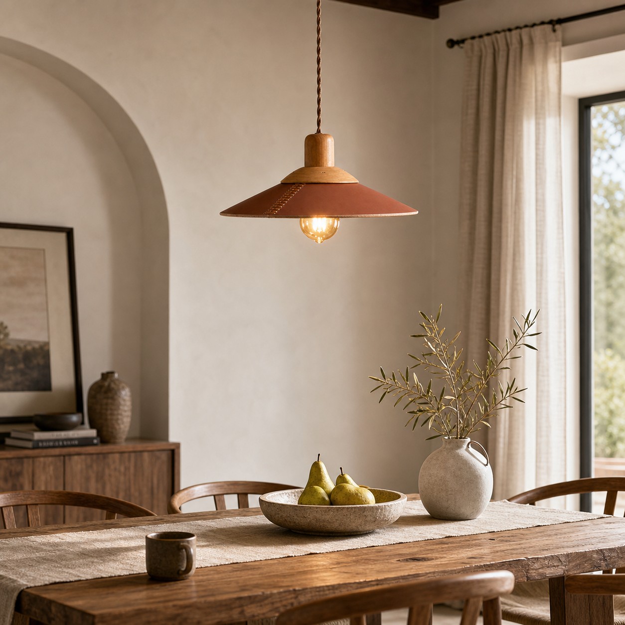 Brown leather pendant above a bright dining table