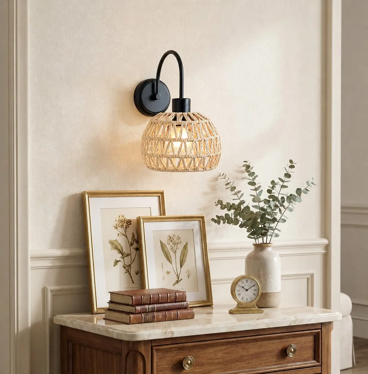 Woven rattan wall sconce above a styled console