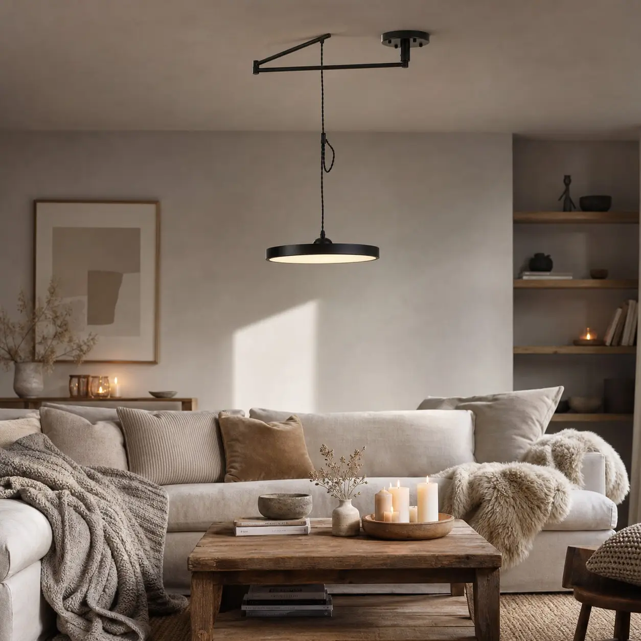 Black movable pendant light in a cozy living room