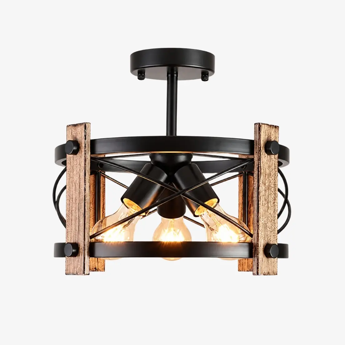 Rustic farmhouse three-light ceiling fixture in matte black and wood tone