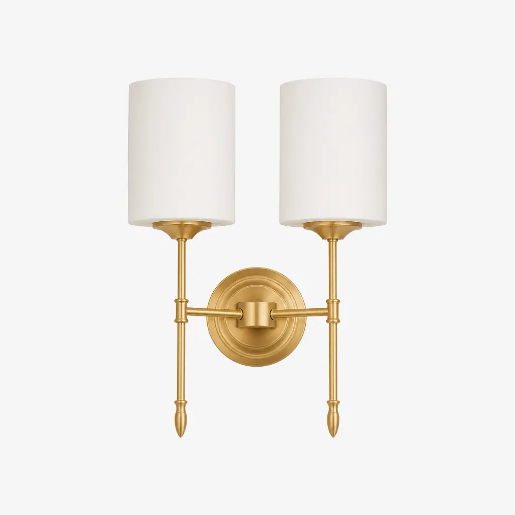 Two-head vintage brass wall light, Style D with opal glass shades