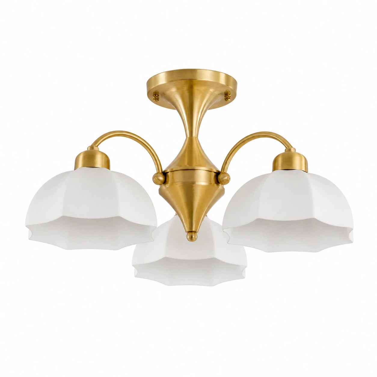 Antique brass three-light chandelier with white glass shades