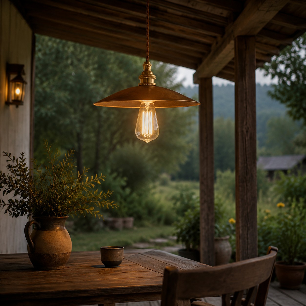 Vintage brass pendant in evening setting