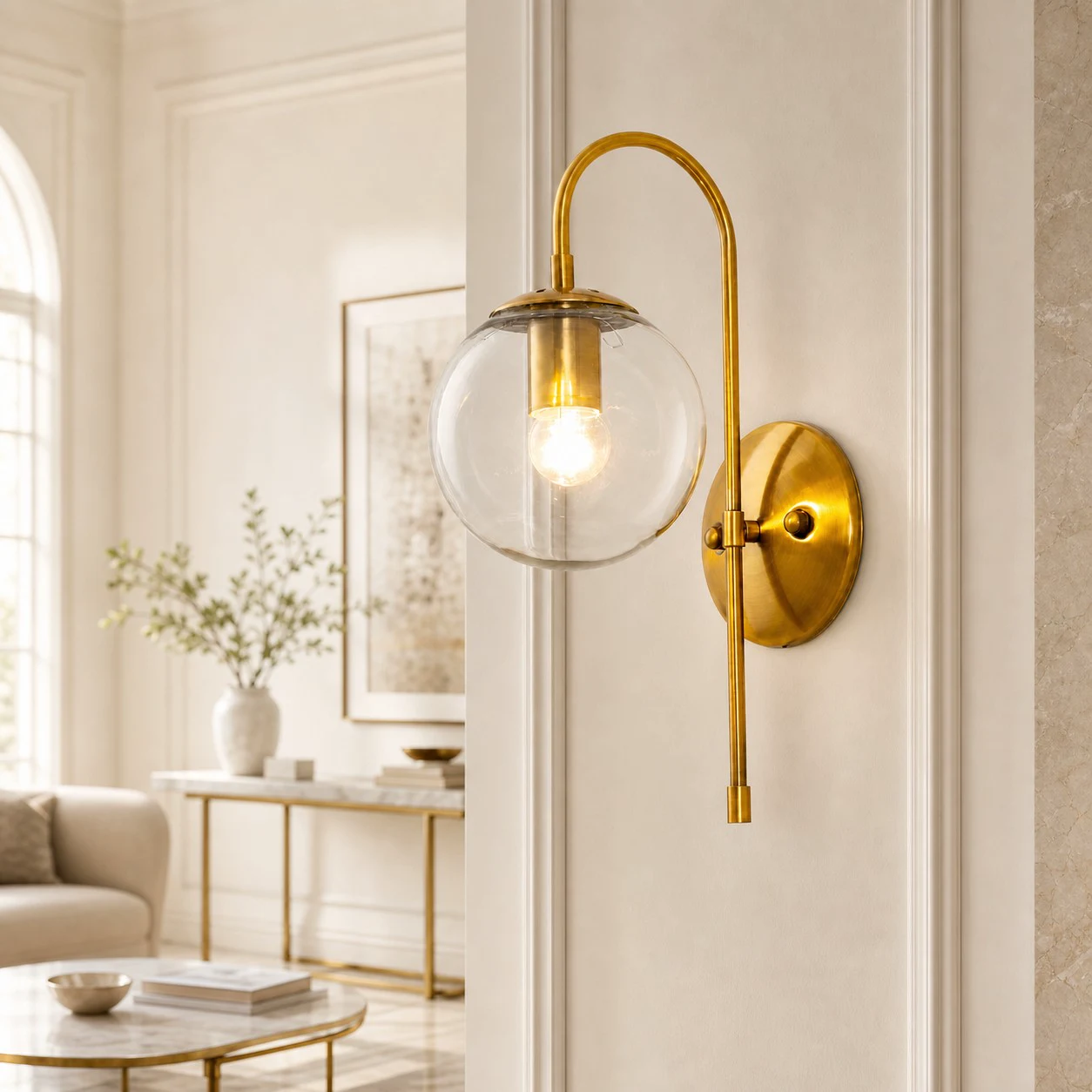 Gold clear-glass wall sconce in a bright living room