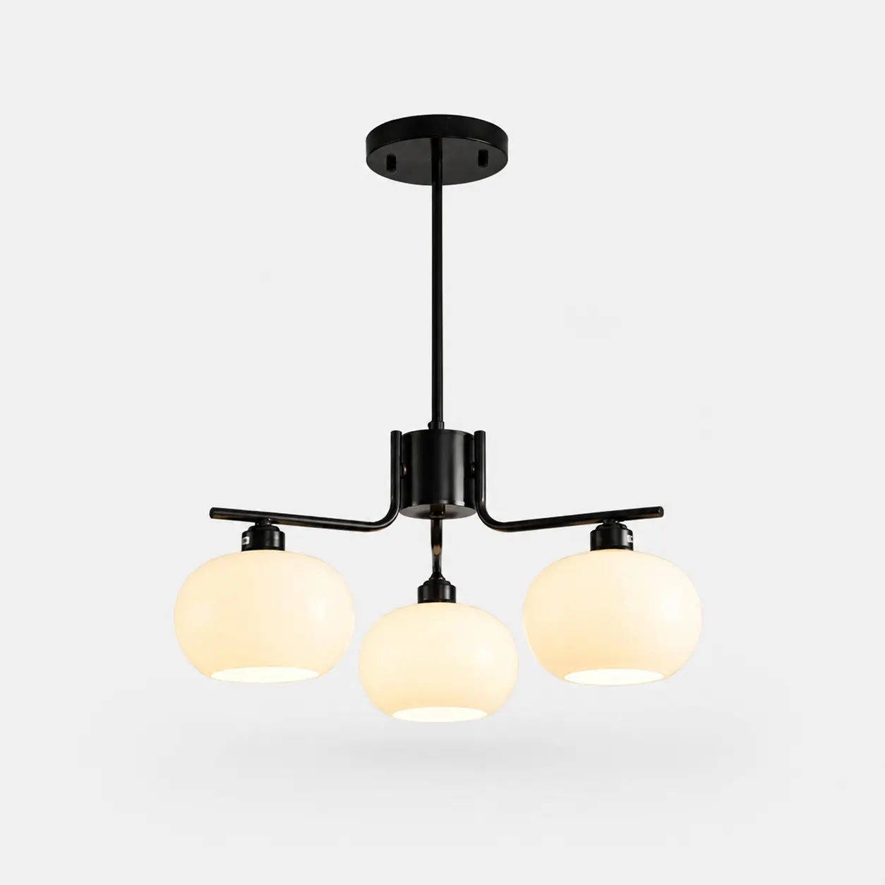 Solid brass black three-light milk glass chandelier