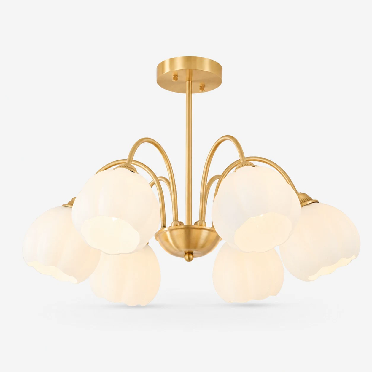 Six-arm antique brass chandelier with glass shades