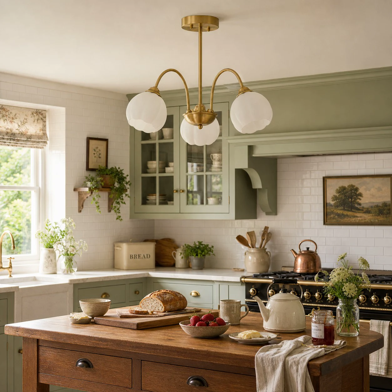 Three-arm chandelier in a kitchen